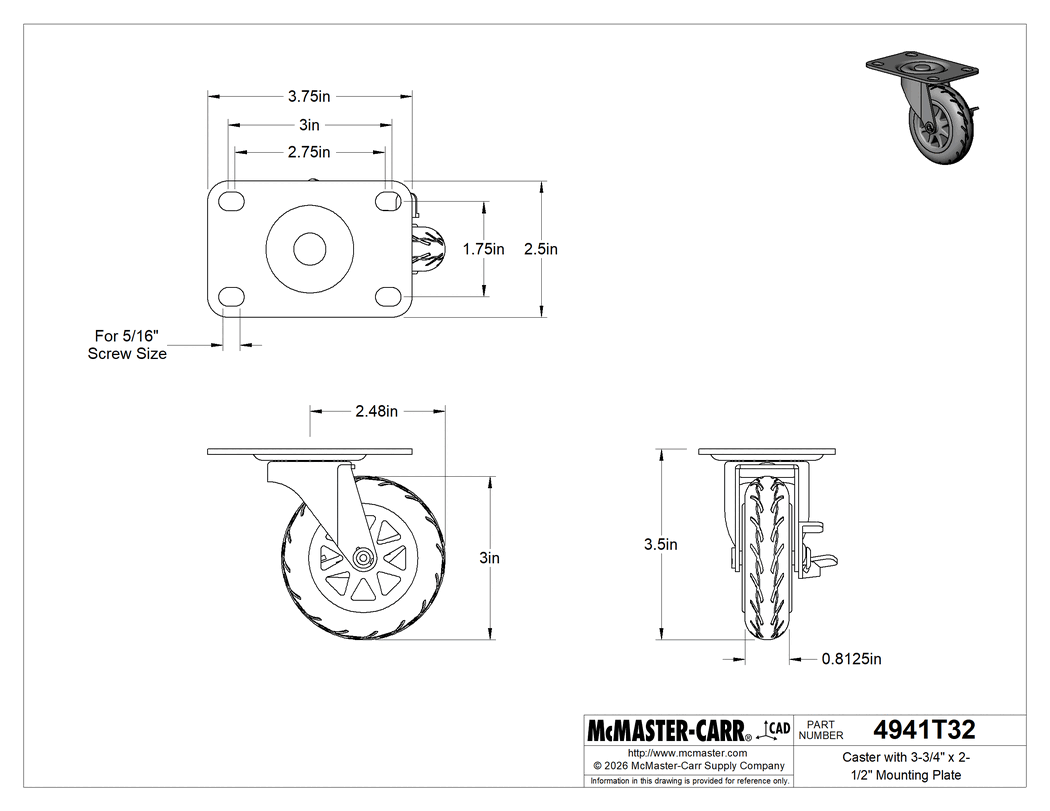 Technical Drawing of Caster with 3-3/4" x 2-1/2" Mounting Plate.